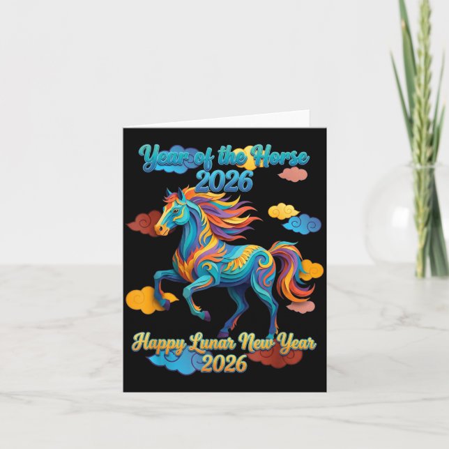 Tarjeta Feliz Año Nuevo Lunar Caballo Colorido (Anverso)