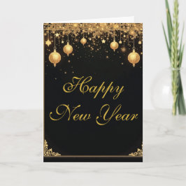 Tarjeta Feliz Año Nuevo negro y dorado elegante