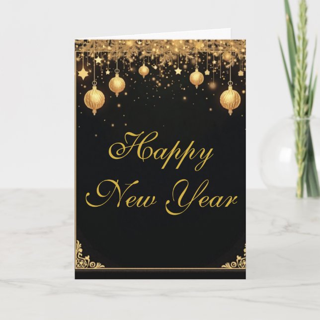 Tarjeta Feliz Año Nuevo negro y dorado elegante (Anverso)