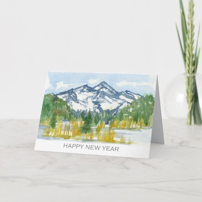 Tarjeta Feliz Año Nuevo Rocky Mountains invernal acuarela (Anverso)