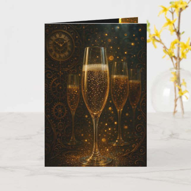 Tarjeta Feliz Año Nuevo Steampunk Champagne  (flor amarilla)