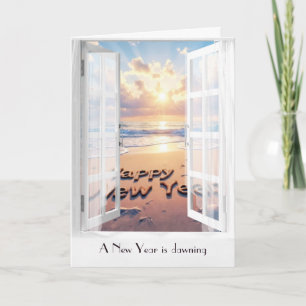 Tarjeta Feliz Año Nuevo Vista al Mar en Ventana