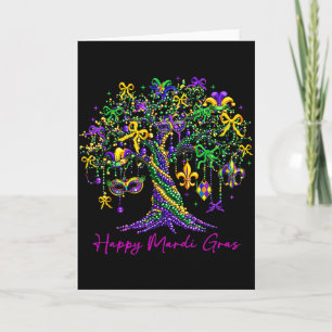 Tarjeta Feliz árbol de cuentas de Mardi Gras Carnaval Muje