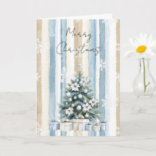 Tarjeta Feliz Árbol de Navidad Azul Crema Flauta de nieve