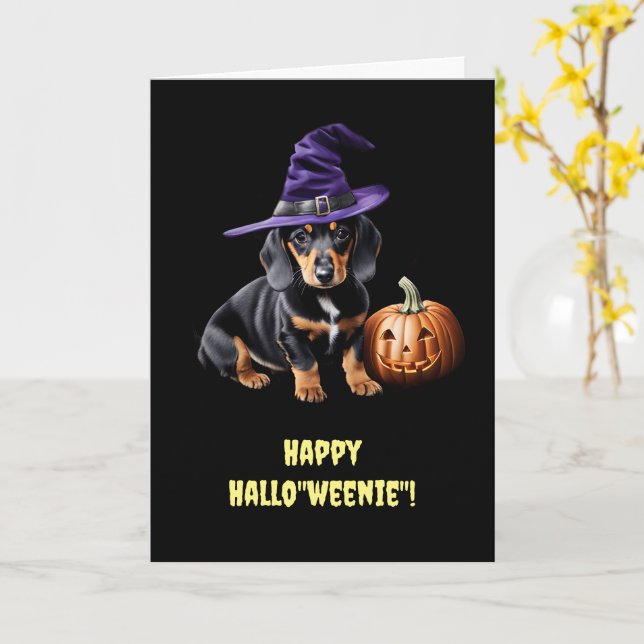 Tarjeta Feliz baile de halloween con cachorro de dachshund (flor amarilla)