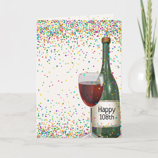 Tarjeta Feliz botella de vino 108º cumpleaños (Anverso)