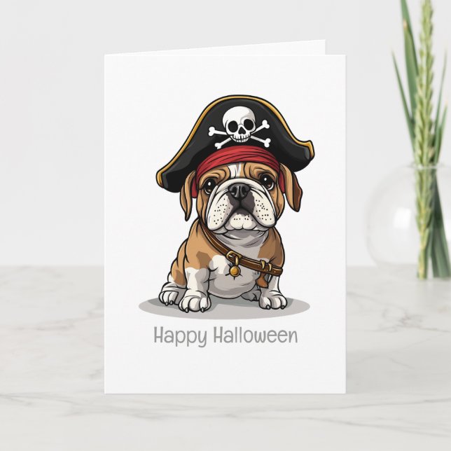 Tarjeta Feliz Bulldog en inglés pirata de Halloween (Anverso)
