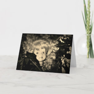 Tarjeta Feliz cabeza de muñeca de Halloween en Sepia