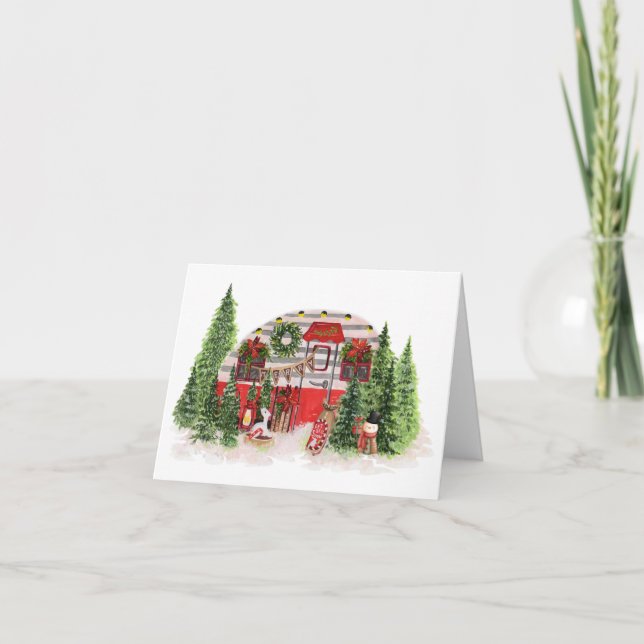 Tarjeta Feliz Camper de Navidad en los bosques (Anverso)