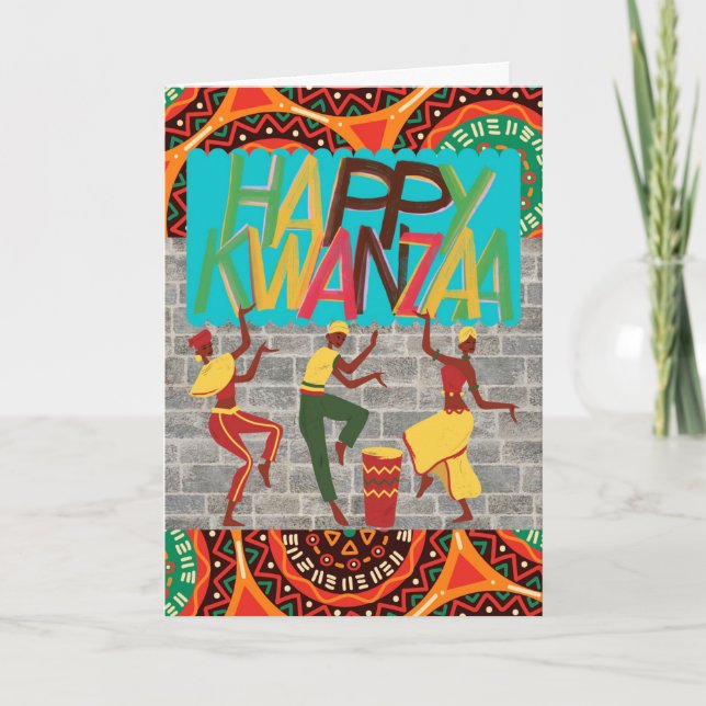 Tarjeta Feliz celebración alegre de Kwanzaa con baile (Anverso)