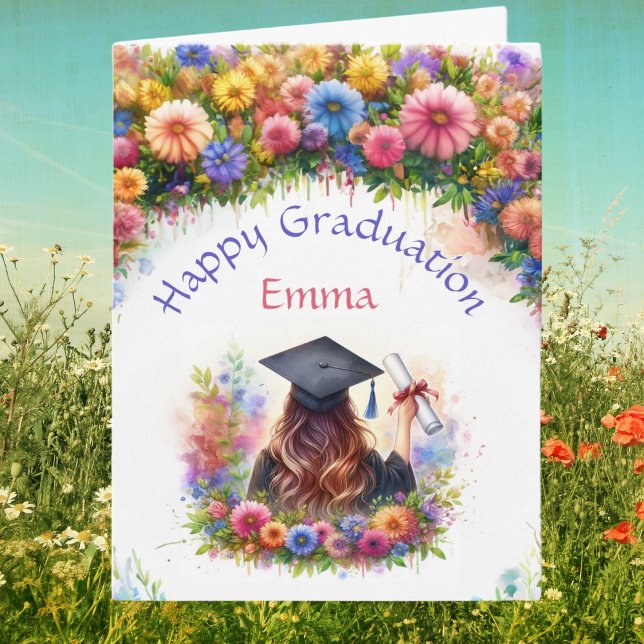 Tarjeta Feliz Chica de graduación con flores silvestres (Wildly blooming success: From cap to gown, a floral graduation tale!)