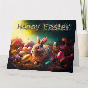 Tarjeta Feliz Conejo de Pascua con huevos de Pascua
