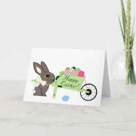 Tarjeta Feliz Conejo de Pascua con Wheelbarrow of Eggings 