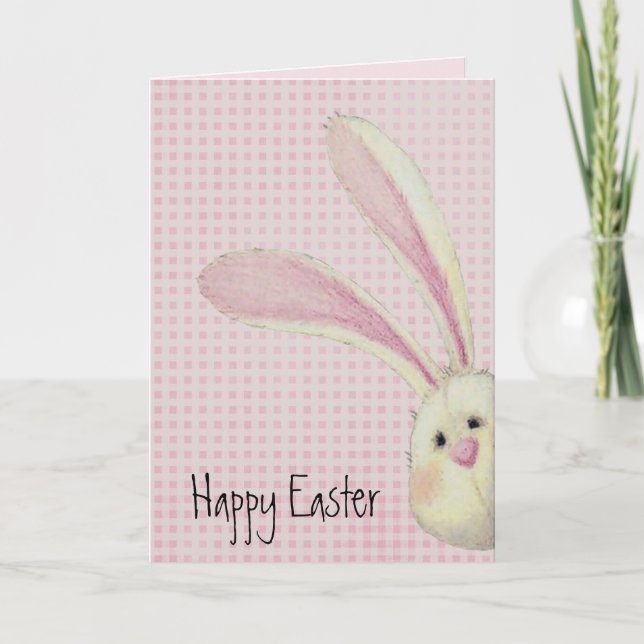 Tarjeta Feliz Conejo De Pascua En Gingham (Anverso)