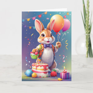 Tarjeta ¡Feliz conejo sonriente sosteniendo globos!   Tarj