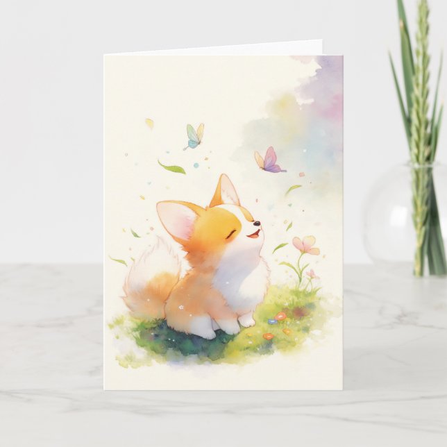 Tarjeta Feliz Corgi con baile mariposa (Anverso)