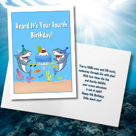 Tarjeta Feliz cuarto cumpleaños a los tiburones con pastel
