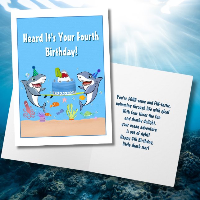 Tarjeta Feliz cuarto cumpleaños a los tiburones con pastel (Subido por el creador)