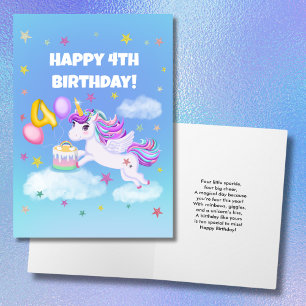 Tarjeta Feliz cuarto cumpleaños de Unicornio con pastel de