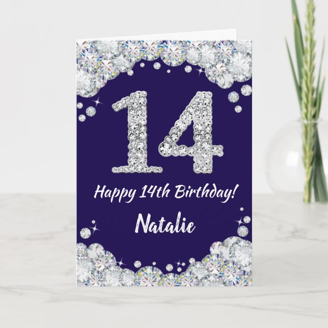 Tarjeta Feliz cuarto cumpleaños, Purpurina azul y plateado (Anverso)