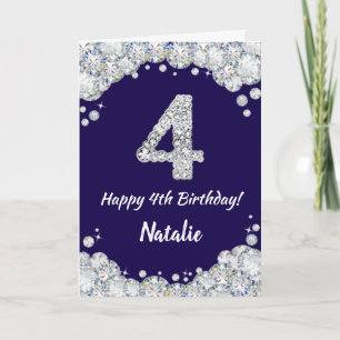 Tarjeta Feliz cuarto cumpleaños, Purpurina azul y plateado