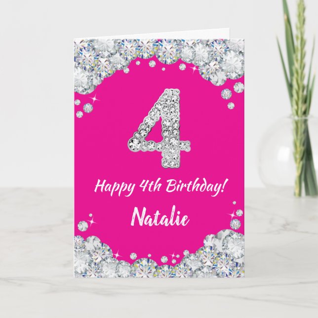 Tarjeta Feliz cuarto cumpleaños, Purpurina de Plata y Rosa (Anverso)