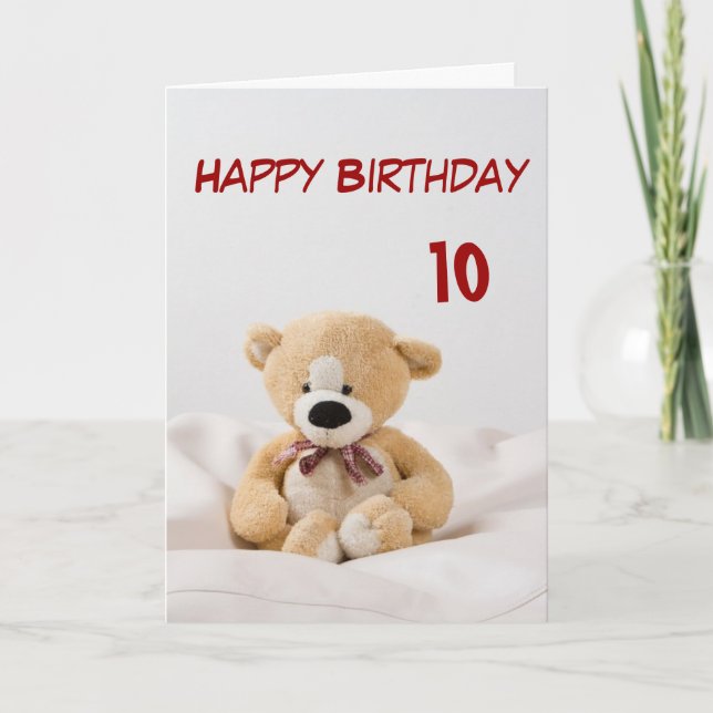 Tarjeta Feliz cumpleaños 10, tema del oso de peluche (Anverso)