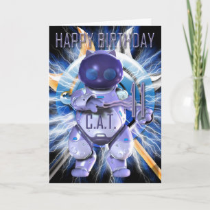 Tarjeta Feliz cumpleaños 11, gato robot, técnico moderno