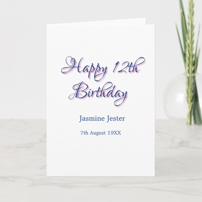 Tarjeta feliz cumpleaños 12 azul rosa nombre fecha simple  (Anverso)