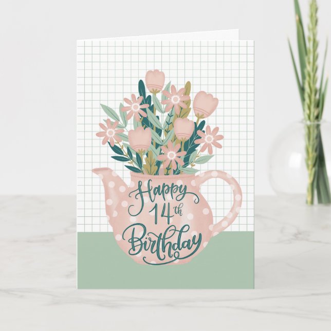 Tarjeta Feliz cumpleaños 14 con tetera de lunares de flore (Anverso)