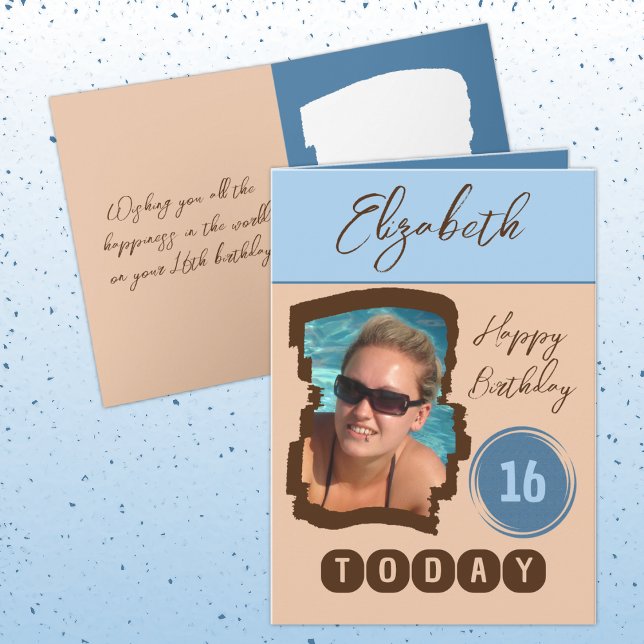 Tarjeta Feliz cumpleaños 16 hoy agrega foto azul marrón (Subido por el creador)