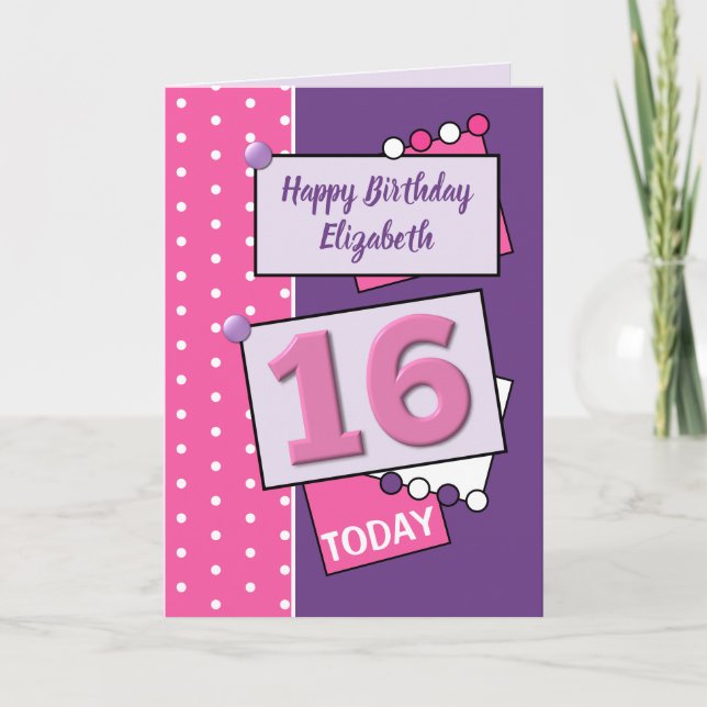 Tarjeta Feliz cumpleaños 16 hoy morado y rosa (Anverso)