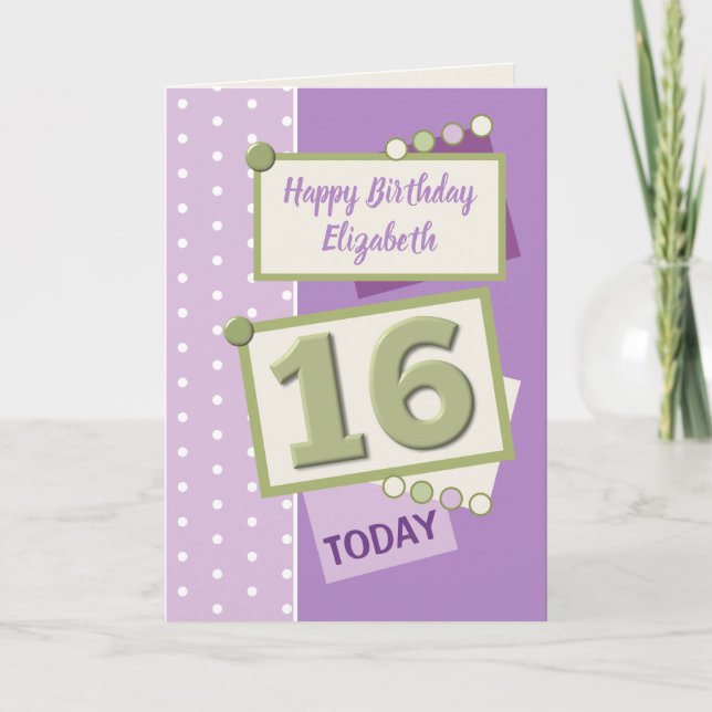 Tarjeta Feliz cumpleaños 16 hoy morado y verde (Anverso)