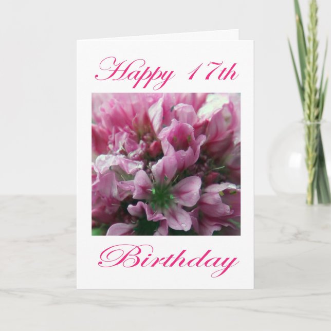 Tarjeta Feliz cumpleaños 17, Flor rosa y verde (Anverso)