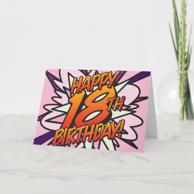 Tarjeta FELIZ CUMPLEAÑOS 18 Comic Book Pop Art rosa (Anverso)