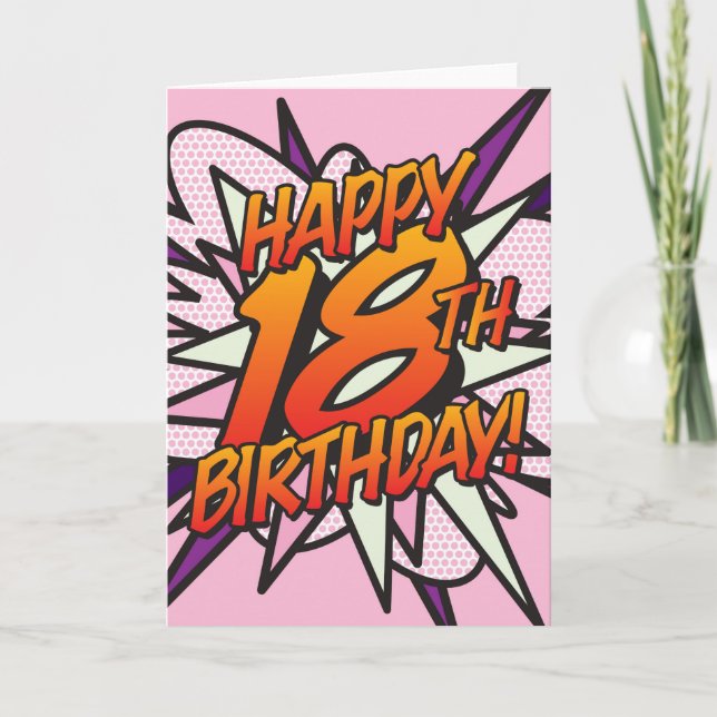 Tarjeta FELIZ CUMPLEAÑOS 18 Comic Book Pop Art rosa (Anverso)