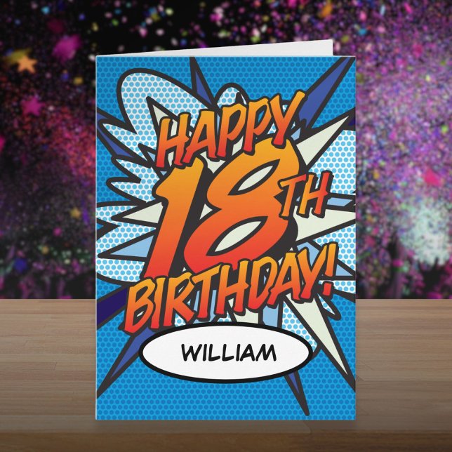 Tarjeta FELIZ CUMPLEAÑOS 18 Comic Pop Art (Fun HAPPY 18TH BIRTHDAY Comic Book Card)