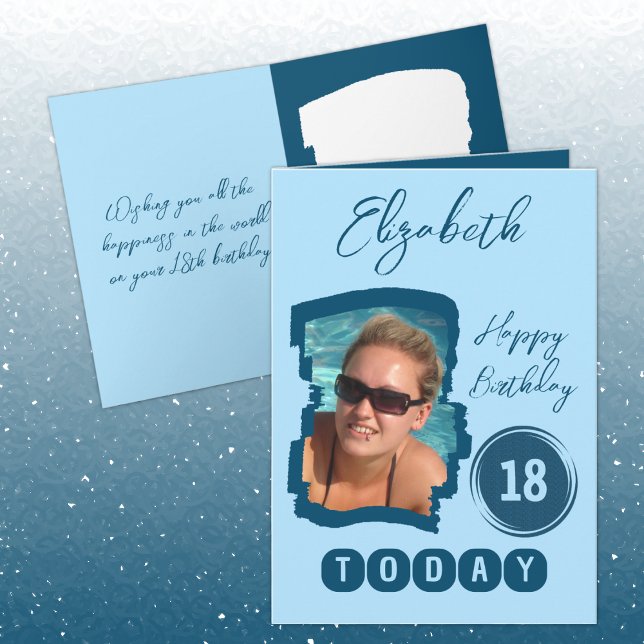 Tarjeta Feliz cumpleaños 18 hoy agrega foto azul (Subido por el creador)