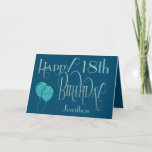 Tarjeta Feliz cumpleaños 18th Name Blue<br><div class="desc">Un diseño elegante de tipografía ornamentada en colores masculinos para un 18 cumpleaños. Happy Birthday se establece en un guión decorativo en azul, y la edad está en un tipo de letra de coordinación en verde azulado suave, junto con el nombre de tu destinatario, en un fondo azul. Puedes cambiar...</div>