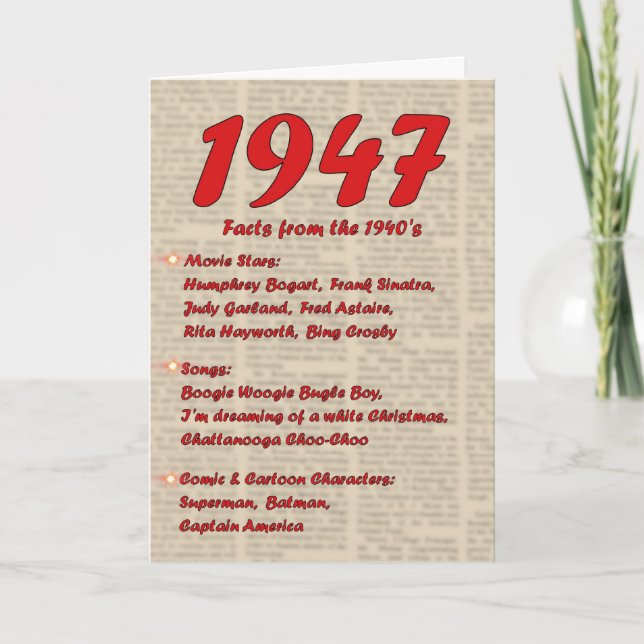 Tarjeta Feliz cumpleaños 1947 Año de noticias de nacimient (Anverso)