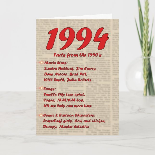 Tarjeta Feliz cumpleaños 1994 Año de las noticias de nacim (Anverso)