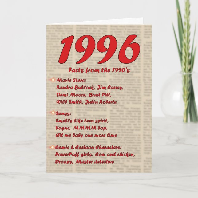 Tarjeta Feliz cumpleaños 1996 Año de noticias de nacimient (Anverso)