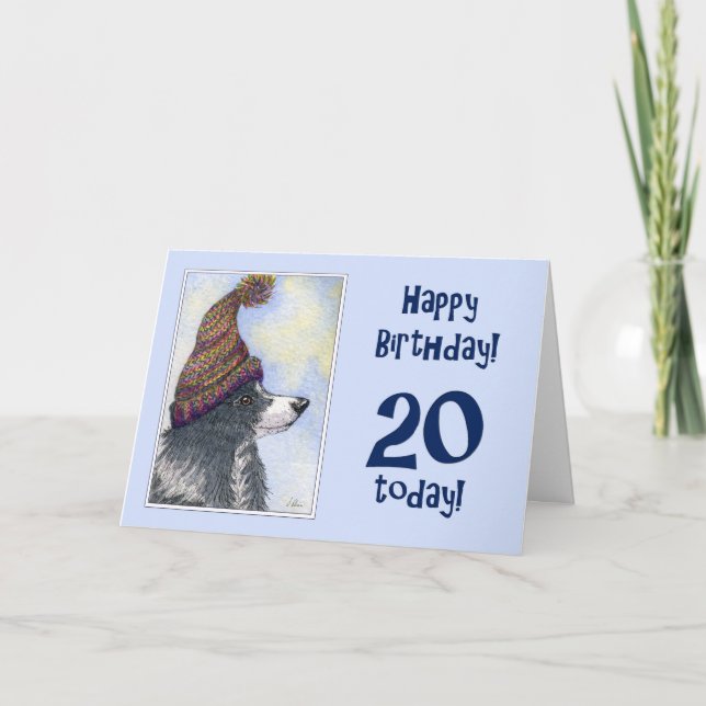 Tarjeta Feliz cumpleaños, 20 hoy, perro collie fronterizo  (Anverso)