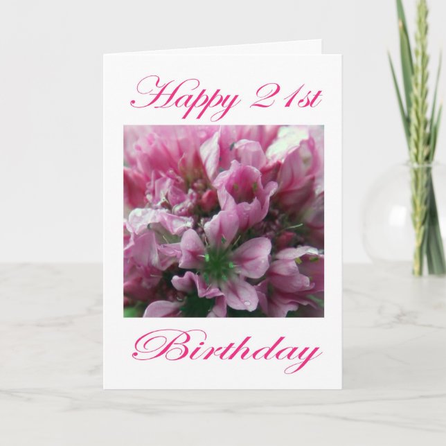 Tarjeta Feliz cumpleaños 21, Flor rosa y verde (Anverso)