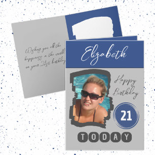 Tarjeta Feliz cumpleaños 21 hoy agrega foto azul gris
