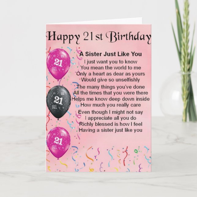 Tarjeta Feliz cumpleaños 21 - Poema de la hermana (Anverso)