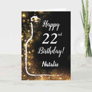 Tarjeta Feliz cumpleaños 22 vino de purpurina negro y dora