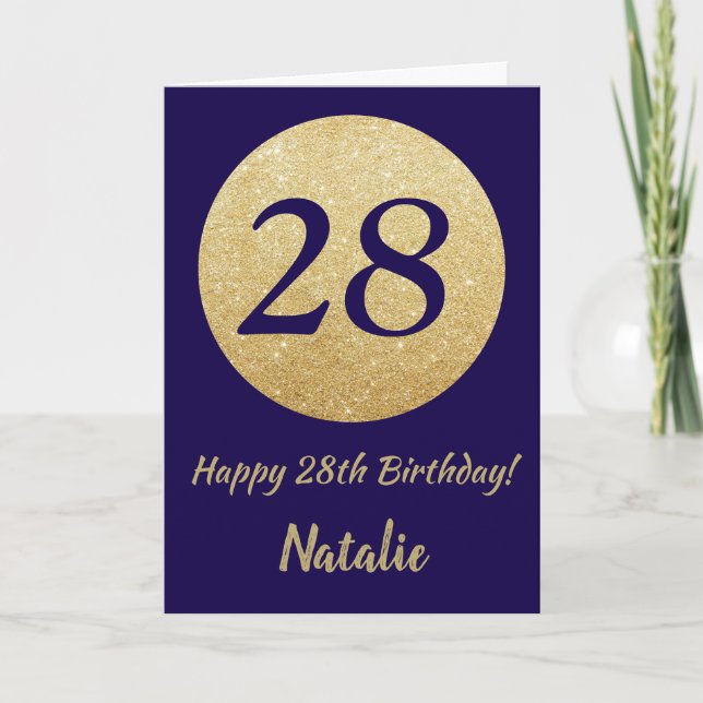 Tarjeta Feliz cumpleaños 28 Navy Blue y dorado brillo (Anverso)