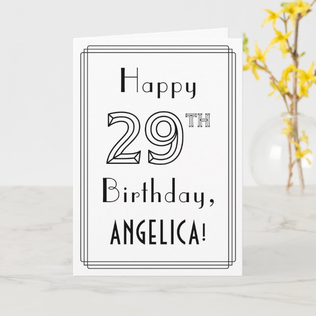 Tarjeta Feliz cumpleaños 29, estilo Art Deco con nombre pe (flor amarilla)