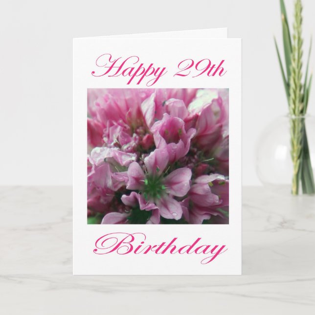 Tarjeta Feliz cumpleaños 29 Flor rosa y verde (Anverso)